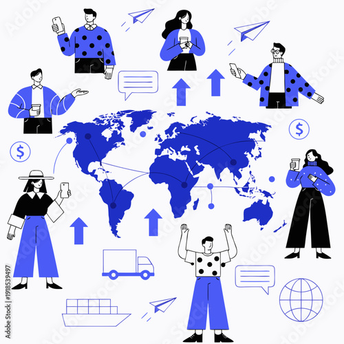 Global Connection: A visual narrative of people worldwide, engaging in diverse interactions, with the backdrop of a global map, representing the interconnectedness of modern society.