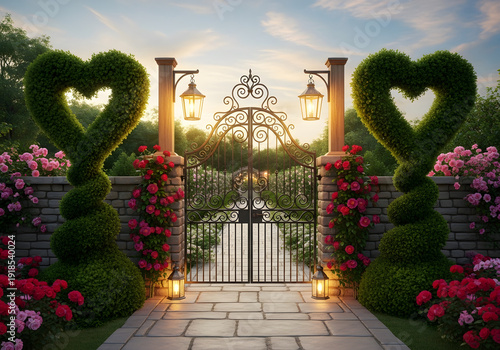 Elegant garden gate with heart shaped topiary at sunset