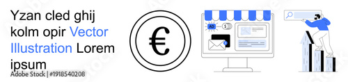 E-commerce, financial operations, marketing strategies, online shopping, web development, analytics growth. Euro symbol, computer with online store figure analyzing data. E-commerce and financial