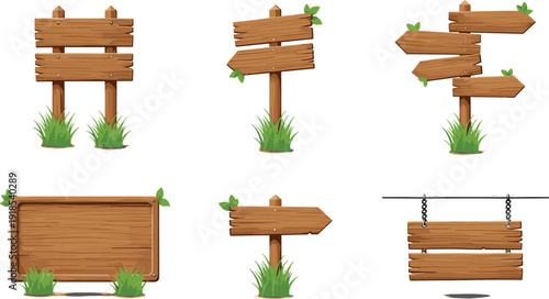 Wooden signboard vector set with rustic arrow boards hanging signs and blank wooden panels isolated illustration