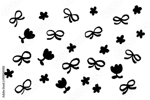 北欧風手描き花とリボンのモノクロパターン背景 シームレステキスタイルデザイン