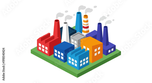 Colorful Industrial Factory Buildings with Smoke Stacks.