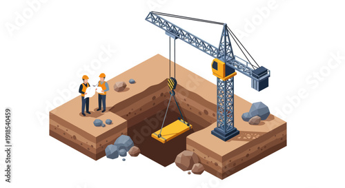 Construction Site Crane and Workers Excavating Foundation.