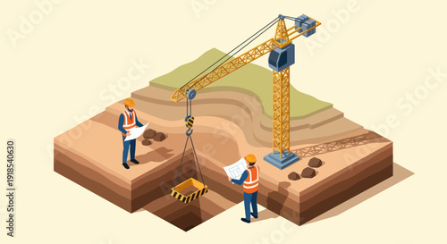 Construction site with crane and workers showing geological layers.