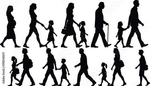 Family walking silhouettes, pregnant woman, parents and children, elderly man with cane, people walking together, vector human figures illustration set