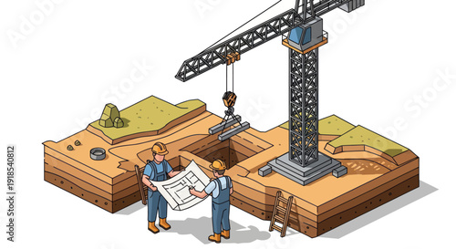 Construction workers reviewing blueprints at a building site with a crane.