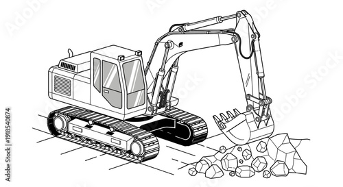 Detailed Illustration of a Heavy Duty Excavator Machine on a Construction Site.