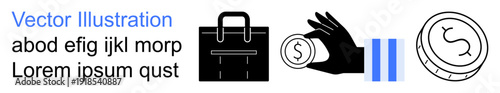 Finance, business solutions, economics, savings, investments, corporate identity. Icons include a briefcase, hand holding a coin and currency symbols. Finance and business solutions