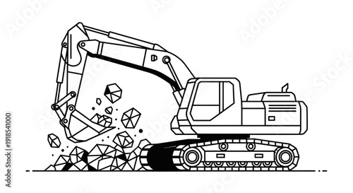 Excavator Machine Digging and Breaking Rocks with Bucket.