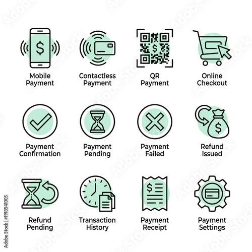 A minimalist line art illustration showcasing various fintech payment methods and statuses with a modern design on a clean white background.