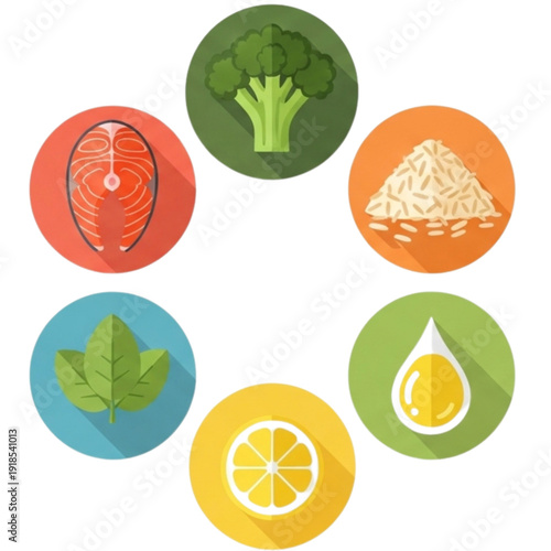 Healthy food nutrition icons set, flat vector illustration of balanced diet ingredients in colorful circles isolated on white