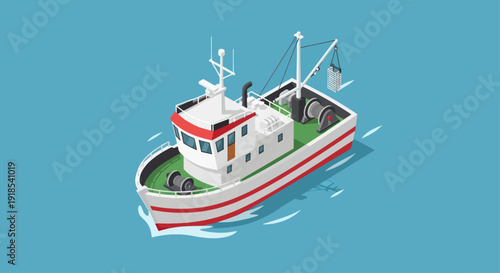 Fishing boat sailing on the sea with waves.