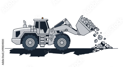 Front-end loader dumping rocks, heavy construction machinery at work.