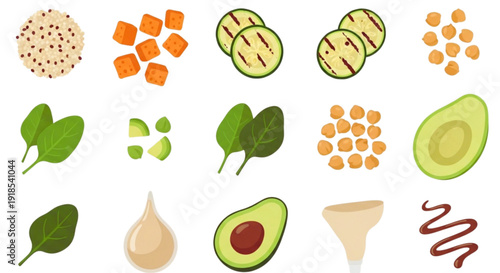 Healthy food ingredients icon set, flat vector illustration of fresh vegetables, avocado, spinach, and grains isolated on white