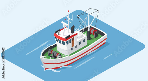 Fishing Trawler Boat Illustration in the Ocean.