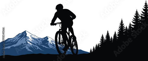 Mountain biker silhouette rides against a white background near tall, snow-capped peaks and evergreen trees.
