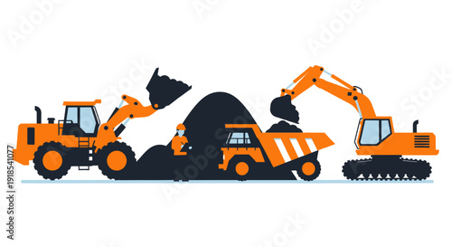 Heavy construction machinery working on a site, with an excavator, loader, and dump truck moving earth.