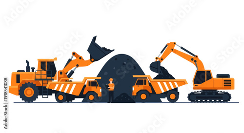 Heavy construction machinery working together on a site.