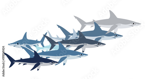 Multiple sharks swimming together in a school, depicted in various shades of blue and gray, from a side viewpoint, illustration
