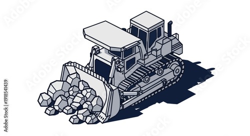 Heavy-duty bulldozer pushing a pile of rocks on a construction site.