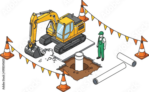 Construction worker stands next to an excavator digging a hole in the pavement near large pipes and safety barriers marking the.