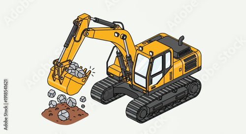 Heavy-duty yellow excavator digging and moving rocks.