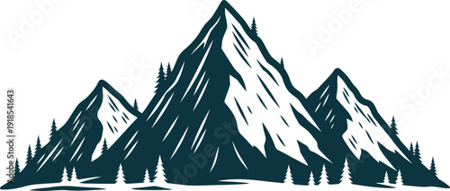 Dramatic stylized depiction of three sharp, towering mountain peaks surrounded by dense evergreen forest silhouettes in dark teal.