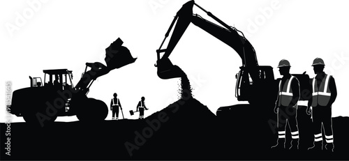 Silhouettes of construction workers supervising heavy machinery moving earth on a bright, flat background signify development work.