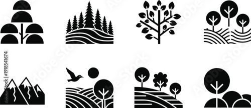 Set of eight minimalist black icons representing various natural elements like trees, forests, mountains, and birds in stylized.