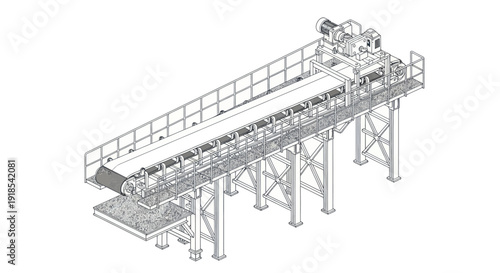 Industrial conveyor belt system with support structure and motor.
