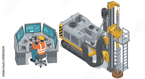 Industrial drilling rig and control station with operator.