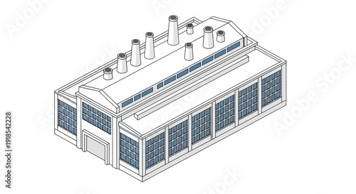 Industrial Factory Building with Multiple Chimneys and Large Windows.