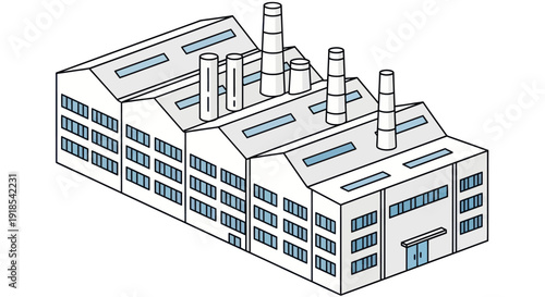 Industrial Factory Building with Multiple Chimneys and Windows.