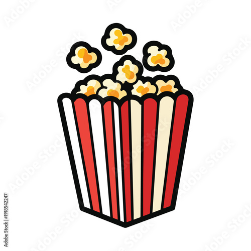Cartoon-style illustration of a red and white striped popcorn bucket