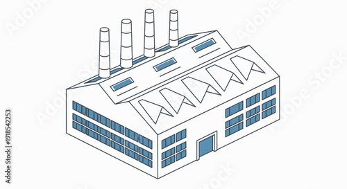Industrial Factory Building with Smokestacks and Windows.