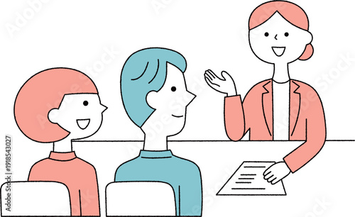 説明を聞く若い夫婦単色