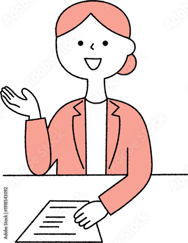 窓口で説明するスーツの女性単色