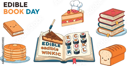Celebrate Edible Book Day with this playful illustration featuring food and books in a creative and imaginative way