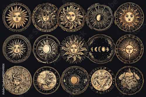 A collection of intricately designed vintage sun and moon illustrations with astrological and mythological elements on a dark background.