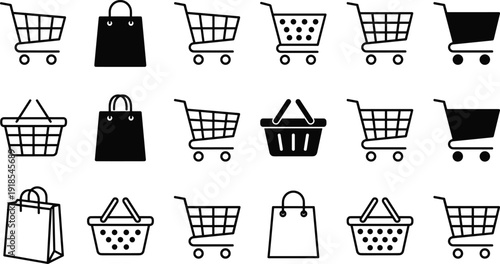 Shopping cart and basket icons set, retail ecommerce trolley bag purchase vector illustration collection isolated
