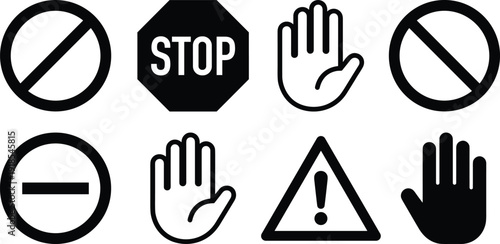 Stop and prohibition symbols icon set, warning caution signs with hand gesture no entry vector illustration collection