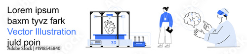 Technology innovation, medical research, 3D printing, VR learning, neuroscience, future advancements. A 3D printer, a human figure with notes and a person using VR. Technology innovation and medical