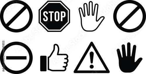Stop and prohibition warning icons set, hand gesture alert symbols no entry caution sign vector illustration collection