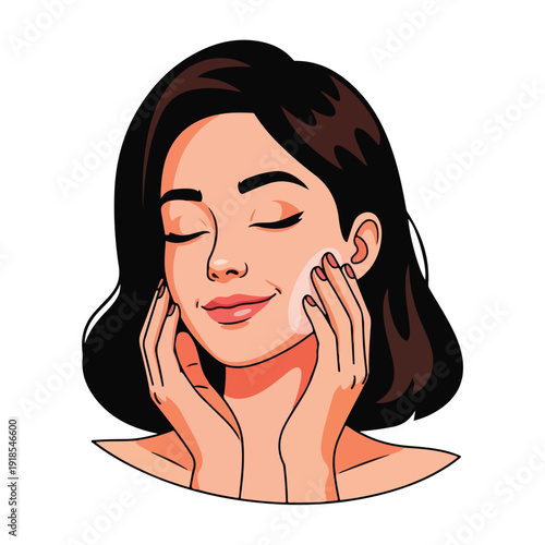 A woman applying cream to her face with her eyes closed