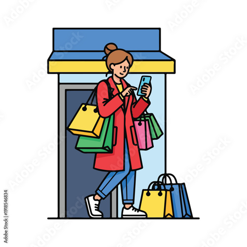 A woman checks her phone while holding shopping bags