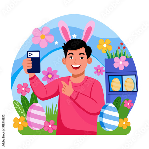 A flat style illustration of easter selfie
