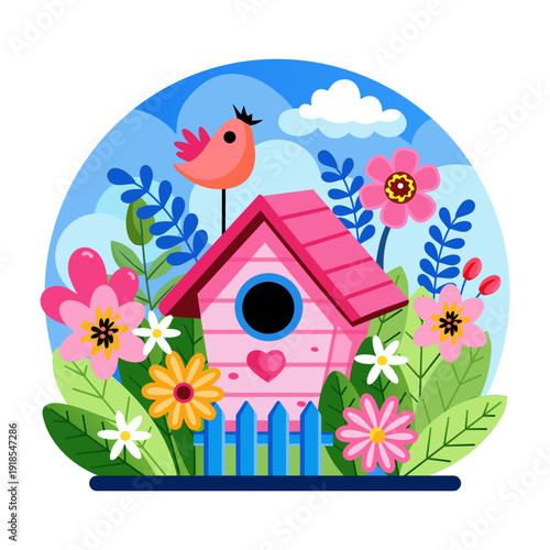 Flat style illustration showing birdhouse