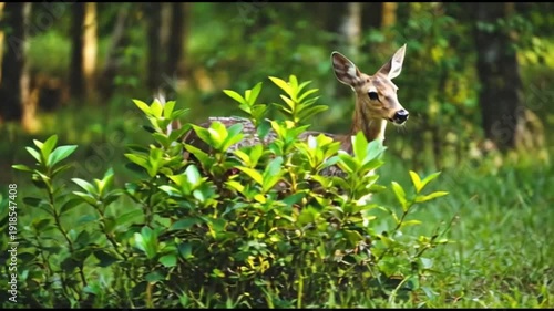 A spotted fawn leaping through a verdant forest with trees and various green plants in the background