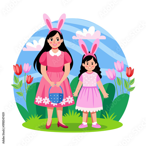 Flat illustration depicting a mother daughter