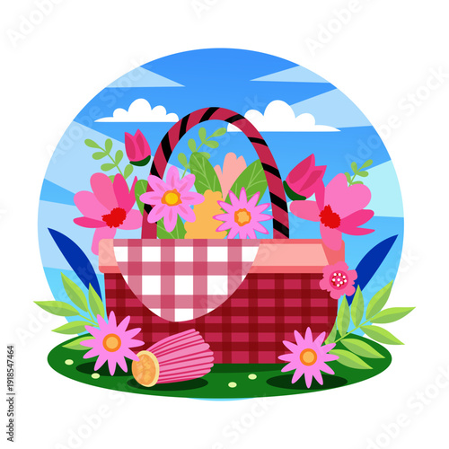 Flat illustration depicting a picnic basket
